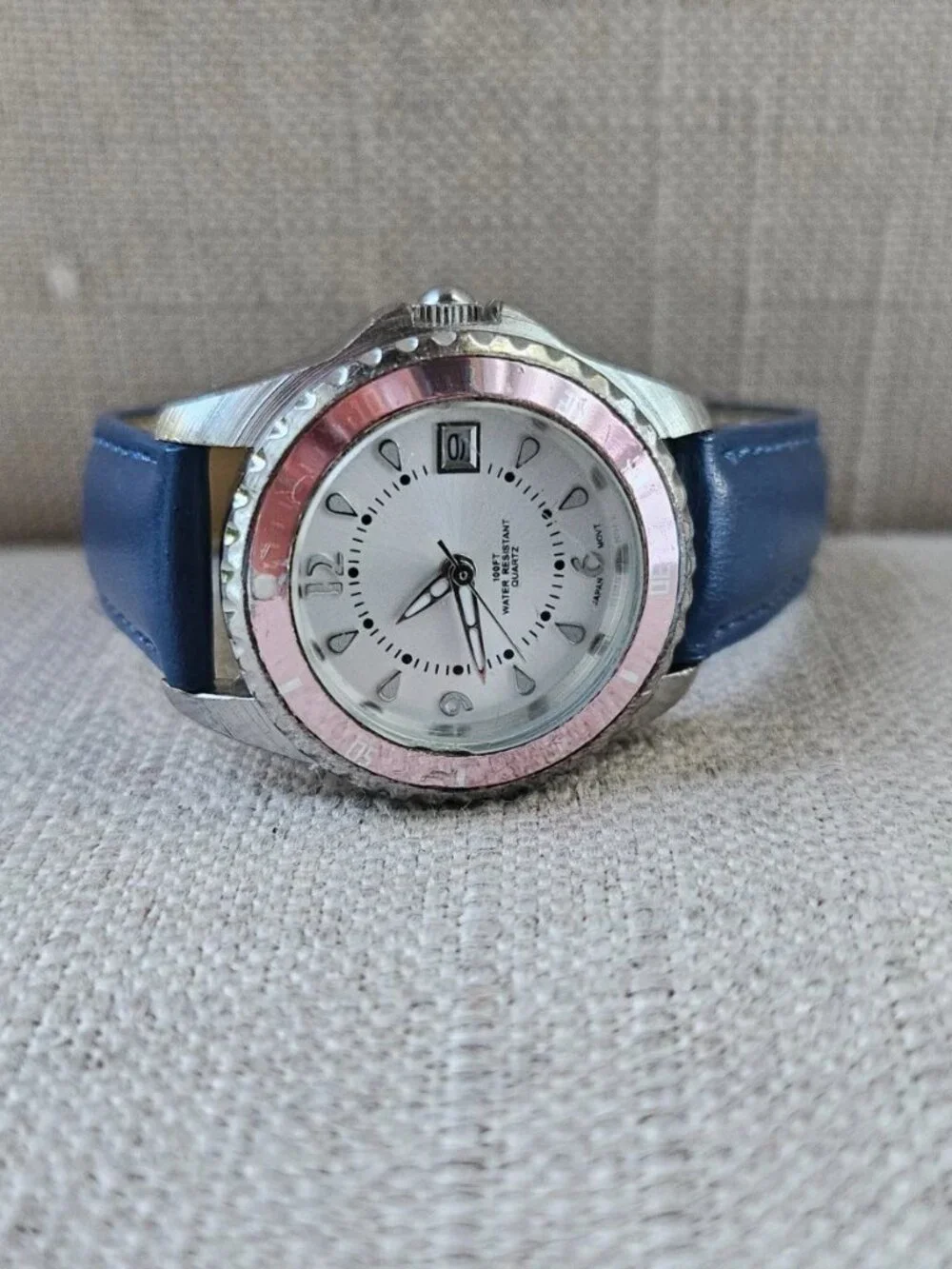 Women Wristwatch Blue Genuine Leather Strap Date Calendar Analog Quartz Watch